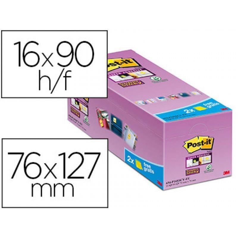 Bloc de notas adhesivas quita y pon post-it super sticky amarillo canario 76x127 mm pack de 16 unidades